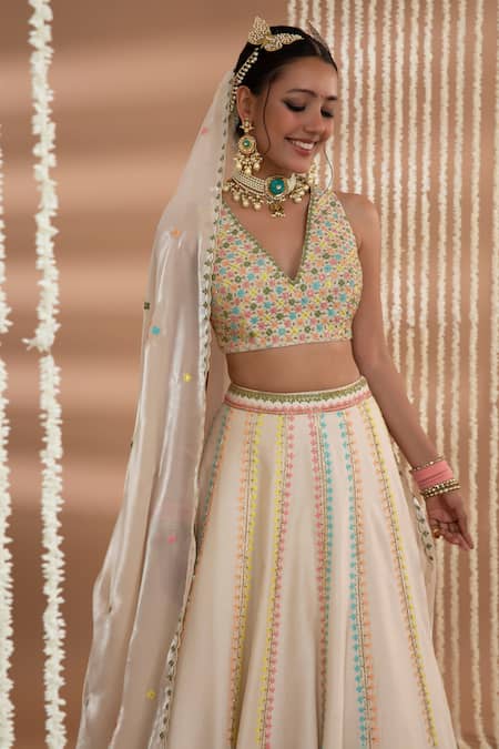 Shop_Show Shaa_Ivory Chanderi, Silk Sequins, Embroidery V-neck Meheka Lehenga Set _Online_at_Aza_Fashions