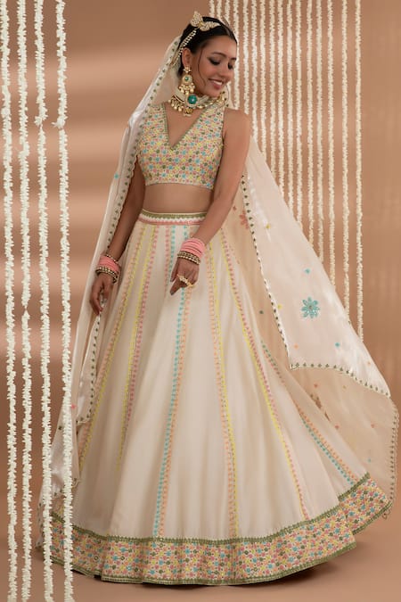 Show Shaa_Ivory Chanderi, Silk Sequins, Embroidery V-neck Meheka Lehenga Set _at_Aza_Fashions