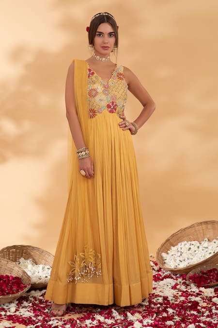 Shop Show Shaa Yellow Chiffon, Net Sequins, Pankhuri Embroidered Bodice Anarkali With Dupatta Online at Aza Fashions Shop_Show Shaa_Yellow Chiffon, Net Sequins, Pankhuri Embroidered Bodice Anarkali With Dupatta _Online_at_Aza_Fashions