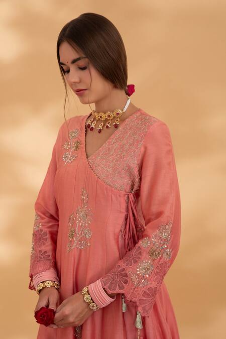 Buy_Show Shaa_Pink Chanderi, Organza, Cotton Satin Embroidery Gulshan Angrakha Anarkali Set _Online_at_Aza_Fashions