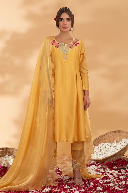 Show Shaa_Yellow Chanderi, Cotton Satin, Organza, Silk Arunima Yoke Kurta Pant Set _Online_at_Aza_Fashions