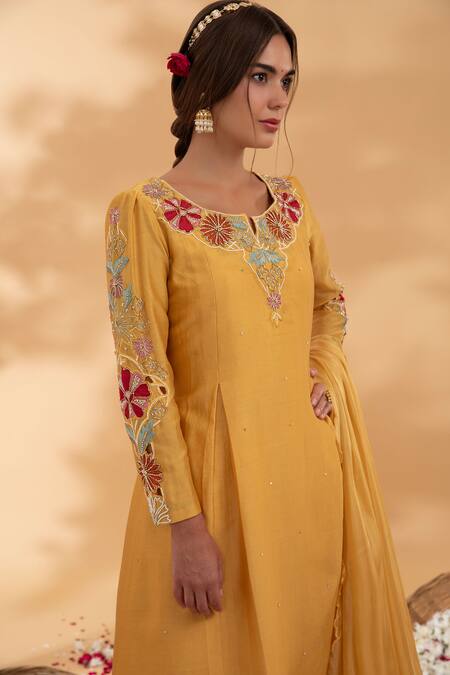 Shop_Show Shaa_Yellow Chanderi, Cotton Satin, Organza, Silk Arunima Yoke Kurta Pant Set _Online_at_Aza_Fashions