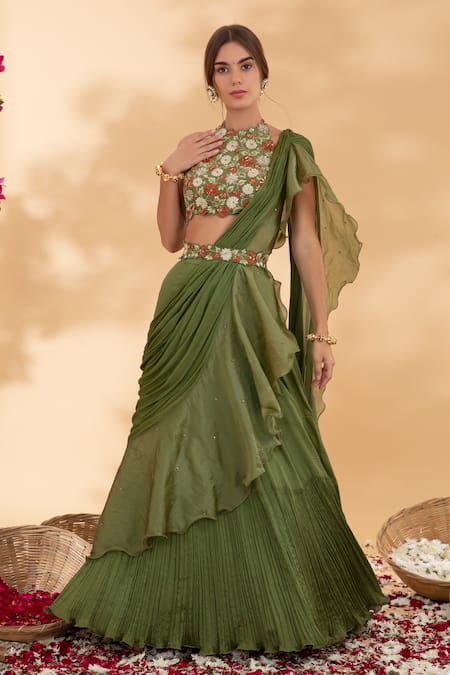 Buy Show Shaa Green Chiffon, Organza, Chanderi Mandira Pre-draped Saree With Blouse Online at Aza Fashions Buy_Show Shaa_Green Chiffon, Organza, Chanderi Mandira Pre-draped Saree With Blouse _Online_at_Aza_Fashions