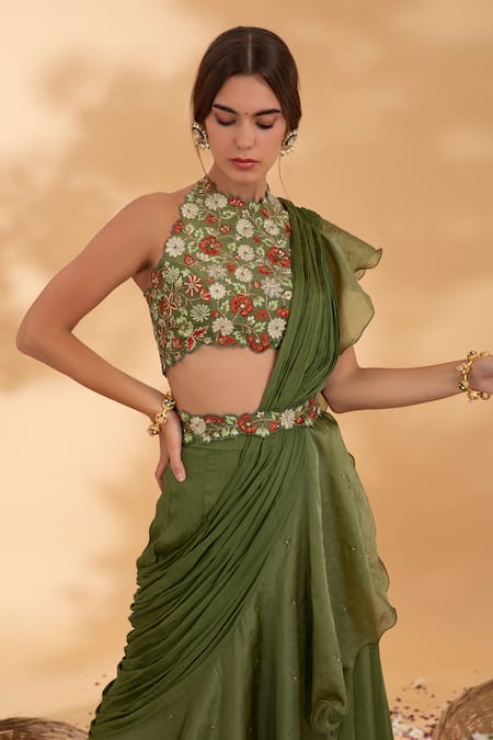 Shop Show Shaa Green Chiffon, Organza, Chanderi Mandira Pre-draped Saree With Blouse Online at Aza Fashions Shop_Show Shaa_Green Chiffon, Organza, Chanderi Mandira Pre-draped Saree With Blouse _Online_at_Aza_Fashions