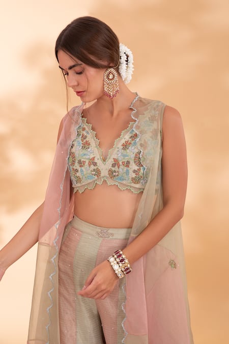Show Shaa_Green Organza, Kota Doria Embroidery V-neck Ombre Cape And Pant Set _Online_at_Aza_Fashions