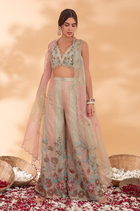 Buy_Show Shaa_Green Organza, Kota Doria Embroidery V-neck Ombre Cape And Pant Set _Online_at_Aza_Fashions
