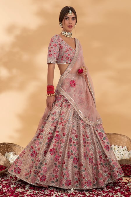 Show Shaa_Pink Silk, Organza Cut Work, Beads, Darpan Floral Embroidered Bridal Lehenga Set _Online_at_Aza_Fashions