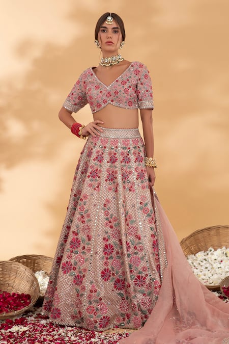 Buy_Show Shaa_Pink Silk, Organza Cut Work, Beads, Darpan Floral Embroidered Bridal Lehenga Set _Online_at_Aza_Fashions