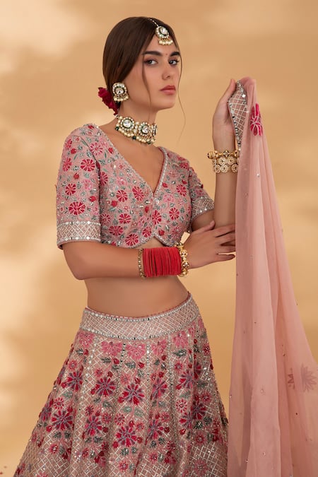 Shop_Show Shaa_Pink Silk, Organza Cut Work, Beads, Darpan Floral Embroidered Bridal Lehenga Set _Online_at_Aza_Fashions