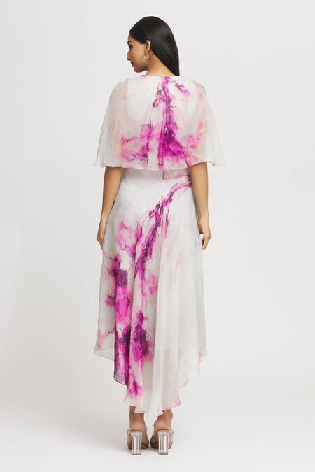 Shop_Whimsical By Shica_Grey Organza Crystals V-neck Abstract Pattern Cape Dress _at_Aza_Fashions