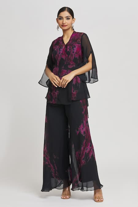 Shop Whimsical By Shica Black Organza Embroidery, Tassels V-neck Tie-dye Print Wrap Top And Pant Set Online at Aza Fashions Shop_Whimsical By Shica_Black Organza Embroidery, Tassels V-neck Tie-dye Print Wrap Top And Pant Set _Online_at_Aza_Fashions