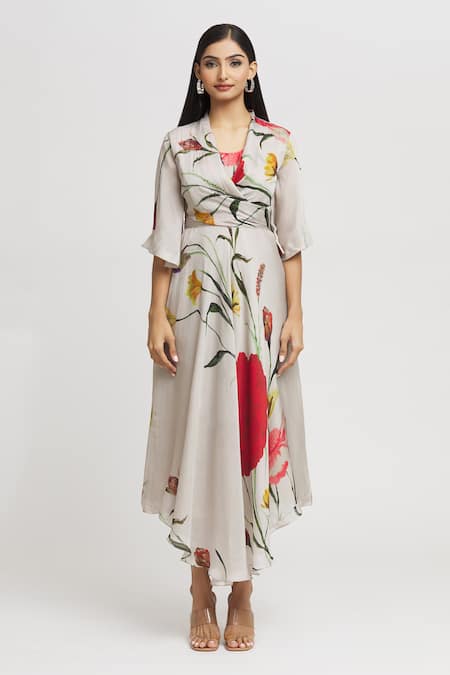 Shop_Whimsical By Shica_Grey Organza, Satin Embroidery V-neck Flower Print Dress _Online_at_Aza_Fashions