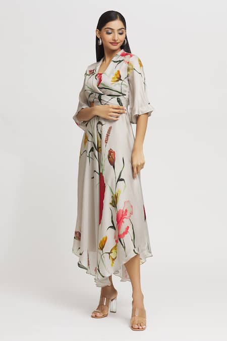 Buy_Whimsical By Shica_Grey Organza, Satin Embroidery V-neck Flower Print Dress _Online_at_Aza_Fashions