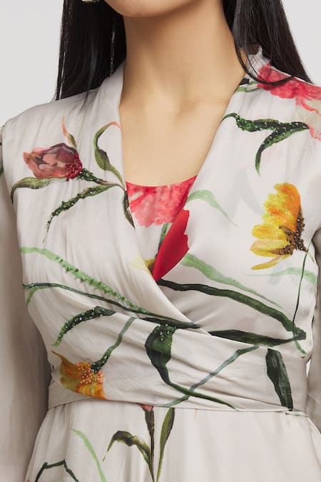 Whimsical By Shica_Grey Organza, Satin Embroidery V-neck Flower Print Dress _at_Aza_Fashions