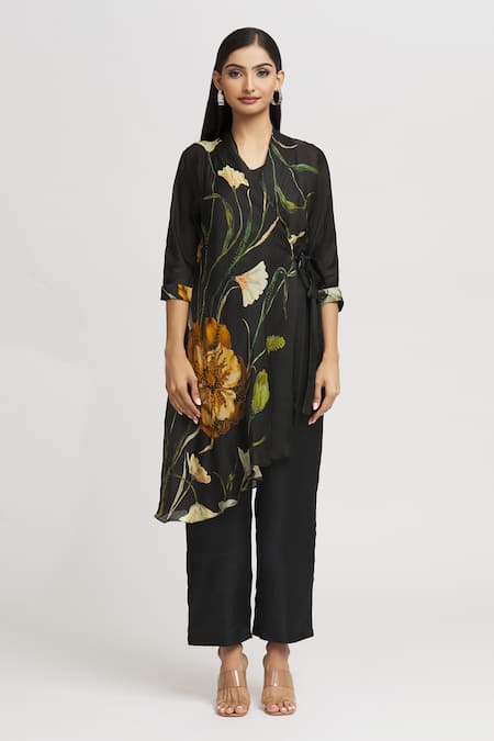 Shop_Whimsical By Shica_Black Organza, Satin Beads V-neck Floral Print Single-flap Jumpsuit _Online_at_Aza_Fashions