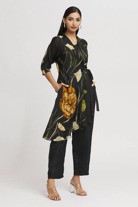 Whimsical By Shica_Black Organza, Satin Beads V-neck Floral Print Single-flap Jumpsuit _Online_at_Aza_Fashions