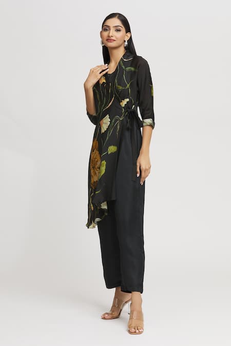 Buy_Whimsical By Shica_Black Organza, Satin Beads V-neck Floral Print Single-flap Jumpsuit _Online_at_Aza_Fashions