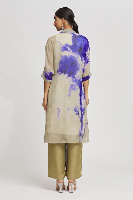 Shop Whimsical By Shica Grey Organza Crystals Collared Abstract Pattern Long Shirt With Pant at Aza Fashions Shop_Whimsical By Shica_Grey Organza Crystals Collared Abstract Pattern Long Shirt With Pant _at_Aza_Fashions