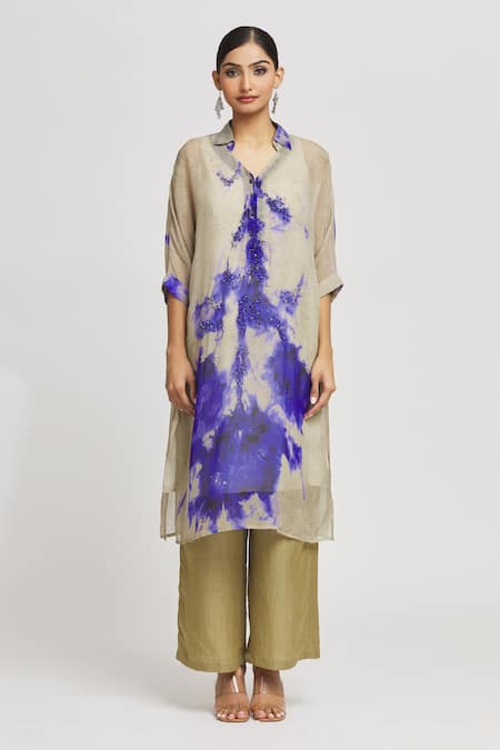 Buy Whimsical By Shica Grey Organza Crystals Collared Abstract Pattern Long Shirt With Pant Online at Aza Fashions Buy_Whimsical By Shica_Grey Organza Crystals Collared Abstract Pattern Long Shirt With Pant _Online_at_Aza_Fashions