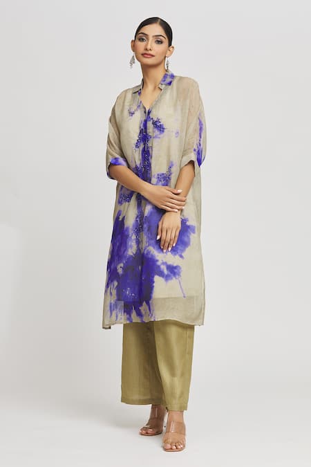 Whimsical By Shica Grey Organza Crystals Collared Abstract Pattern Long Shirt With Pant at Aza Fashions Whimsical By Shica_Grey Organza Crystals Collared Abstract Pattern Long Shirt With Pant _at_Aza_Fashions