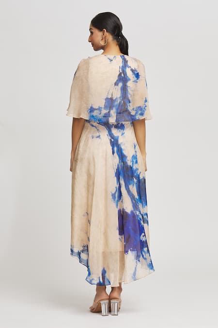 Shop Whimsical By Shica Off White Organza Crystals V-neck Brush Stroke Pattern Cape Dress at Aza Fashions Shop_Whimsical By Shica_Off White Organza Crystals V-neck Brush Stroke Pattern Cape Dress _at_Aza_Fashions