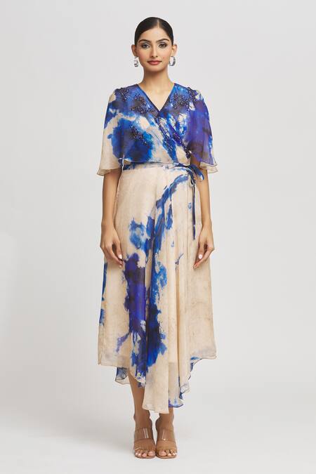 Whimsical By Shica Off White Organza Crystals V-neck Brush Stroke Pattern Cape Dress Online at Aza Fashions Whimsical By Shica_Off White Organza Crystals V-neck Brush Stroke Pattern Cape Dress _Online_at_Aza_Fashions