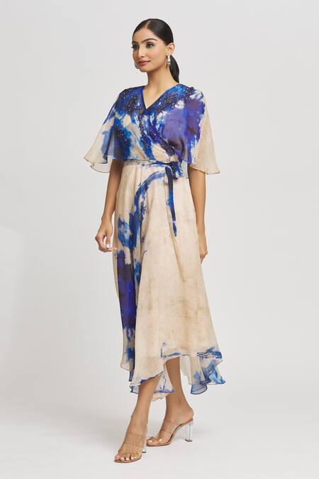 Shop Whimsical By Shica Off White Organza Crystals V-neck Brush Stroke Pattern Cape Dress Online at Aza Fashions Shop_Whimsical By Shica_Off White Organza Crystals V-neck Brush Stroke Pattern Cape Dress _Online_at_Aza_Fashions