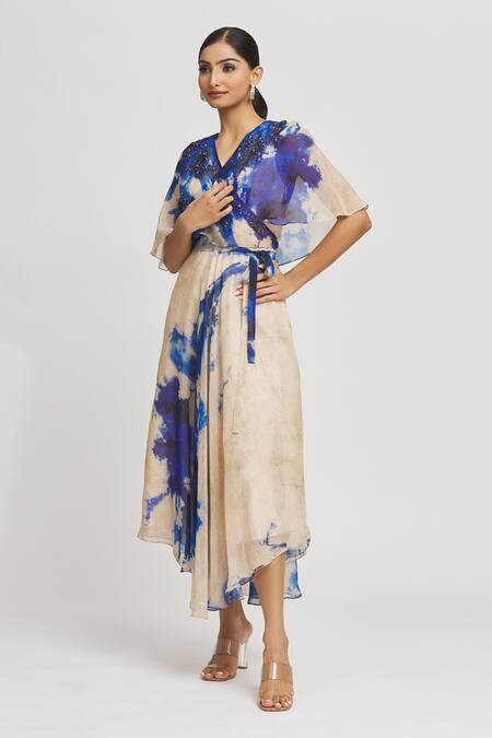 Whimsical By Shica Off White Organza Crystals V-neck Brush Stroke Pattern Cape Dress at Aza Fashions Whimsical By Shica_Off White Organza Crystals V-neck Brush Stroke Pattern Cape Dress _at_Aza_Fashions