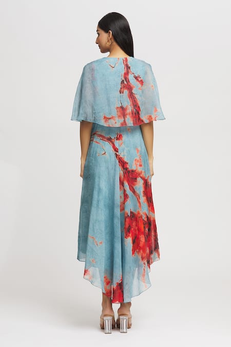 Shop Whimsical By Shica Blue Organza Crystals V-neck Brush Stroke Pattern Asymmetric Dress at Aza Fashions Shop_Whimsical By Shica_Blue Organza Crystals V-neck Brush Stroke Pattern Asymmetric Dress _at_Aza_Fashions