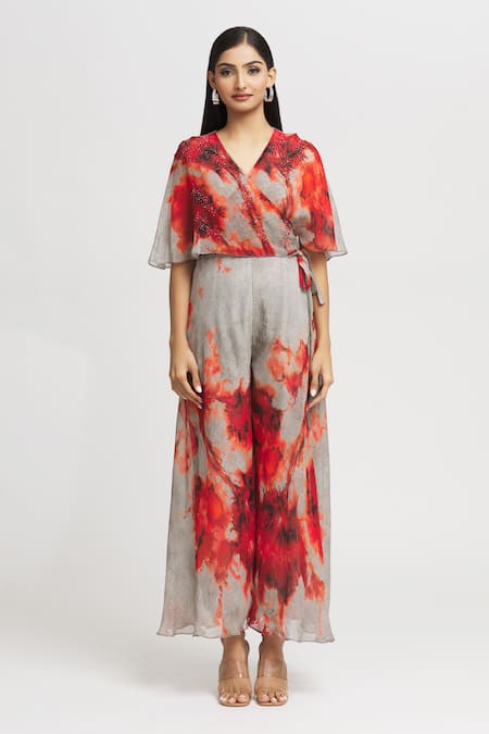 Whimsical By Shica Grey Organza Embroidery V-neck Hand Bodice Jumpsuit Online at Aza Fashions Whimsical By Shica_Grey Organza Embroidery V-neck Hand Bodice Jumpsuit _Online_at_Aza_Fashions