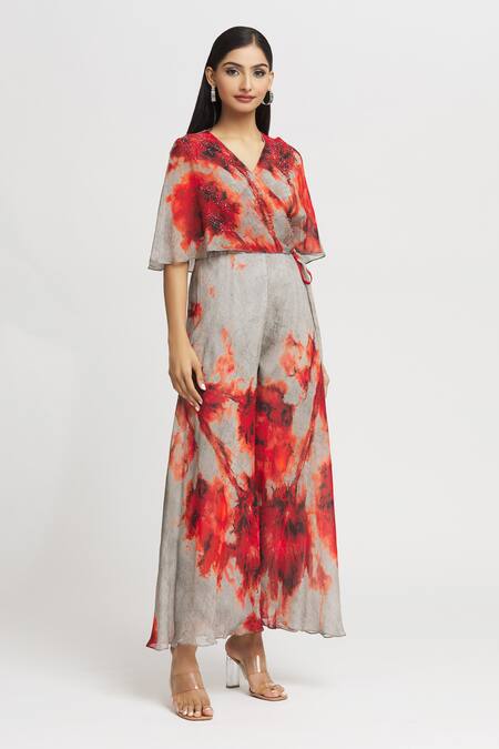 Shop Whimsical By Shica Grey Organza Embroidery V-neck Hand Bodice Jumpsuit Online at Aza Fashions Shop_Whimsical By Shica_Grey Organza Embroidery V-neck Hand Bodice Jumpsuit _Online_at_Aza_Fashions