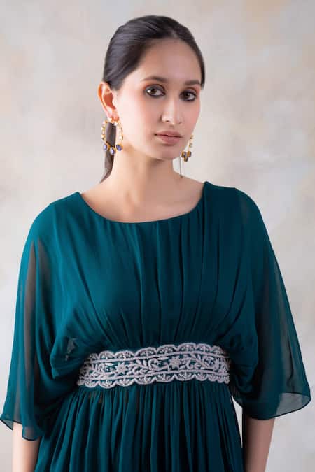 BAIDEHI_Green Georgette Pearls, Diamonds Round And Dabka Work Peplum Top & Sharara Set _Online_at_Aza_Fashions