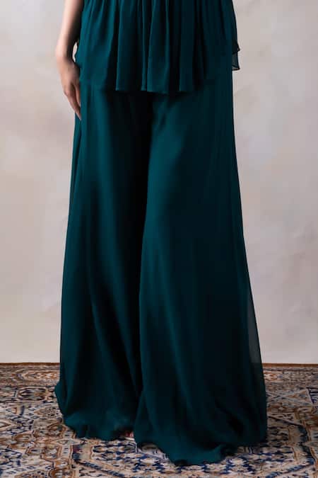 Buy_BAIDEHI_Green Georgette Pearls, Diamonds Round And Dabka Work Peplum Top & Sharara Set _Online_at_Aza_Fashions