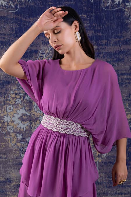 BAIDEHI_Purple Georgette Pearls Round Neck And Dabka Embroidered Peplum Top & Sharara Set _Online_at_Aza_Fashions
