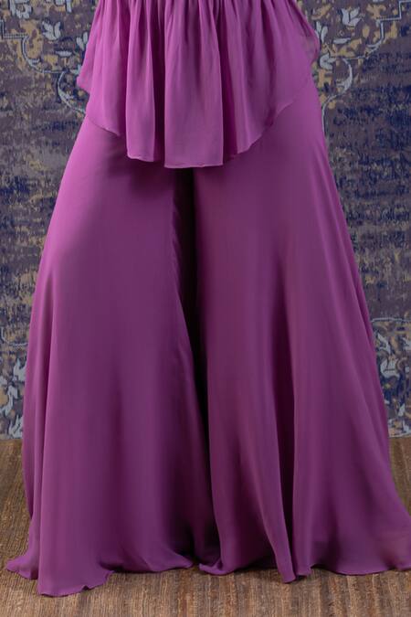 Buy_BAIDEHI_Purple Georgette Pearls Round Neck And Dabka Embroidered Peplum Top & Sharara Set _Online_at_Aza_Fashions