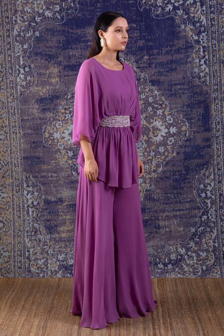 Shop_BAIDEHI_Purple Georgette Pearls Round Neck And Dabka Embroidered Peplum Top & Sharara Set _Online_at_Aza_Fashions