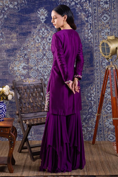 Shop BAIDEHI Purple Silk, Organza, Georgette Gota Patti, Resham And Work Kurta Sharara Set at Aza Fashions Shop_BAIDEHI_Purple Silk, Organza, Georgette Gota Patti, Resham And Work Kurta Sharara Set _at_Aza_Fashions