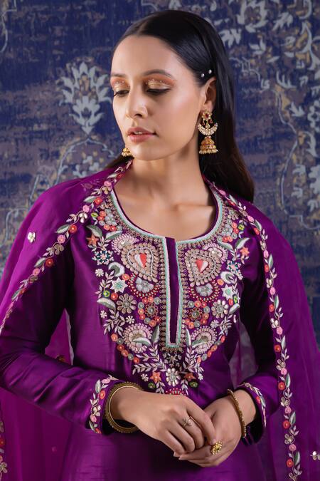BAIDEHI Purple Silk, Organza, Georgette Gota Patti, Resham And Work Kurta Sharara Set Online at Aza Fashions BAIDEHI_Purple Silk, Organza, Georgette Gota Patti, Resham And Work Kurta Sharara Set _Online_at_Aza_Fashions