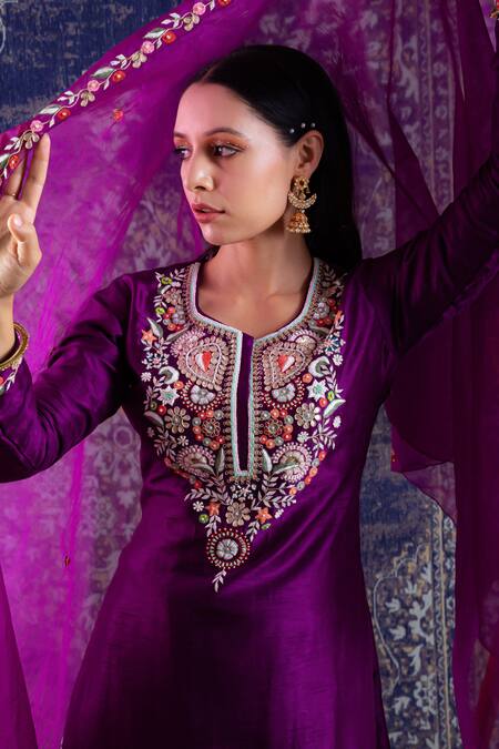 Buy BAIDEHI Purple Silk, Organza, Georgette Gota Patti, Resham And Work Kurta Sharara Set Online at Aza Fashions Buy_BAIDEHI_Purple Silk, Organza, Georgette Gota Patti, Resham And Work Kurta Sharara Set _Online_at_Aza_Fashions