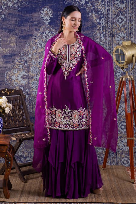 Shop BAIDEHI Purple Silk, Organza, Georgette Gota Patti, Resham And Work Kurta Sharara Set Online at Aza Fashions Shop_BAIDEHI_Purple Silk, Organza, Georgette Gota Patti, Resham And Work Kurta Sharara Set _Online_at_Aza_Fashions