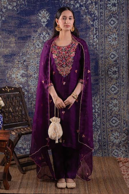 BAIDEHI Purple Organza, Chanderi Silk Embroidery Round Floral Resham Kurta Pant Set 
