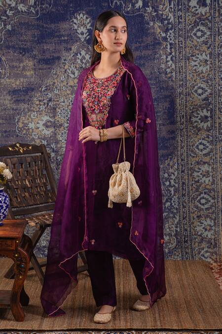 Shop BAIDEHI Purple Organza, Chanderi Silk Embroidery Round Floral Resham Kurta Pant Set Online at Aza Fashions Shop_BAIDEHI_Purple Organza, Chanderi Silk Embroidery Round Floral Resham Kurta Pant Set _Online_at_Aza_Fashions