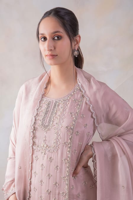 Baidehi_Pink Organza, Chiffon Cut Work, Pearls, Cutdana Embroidered Kurta Sharara Set _Online_at_Aza_Fashions