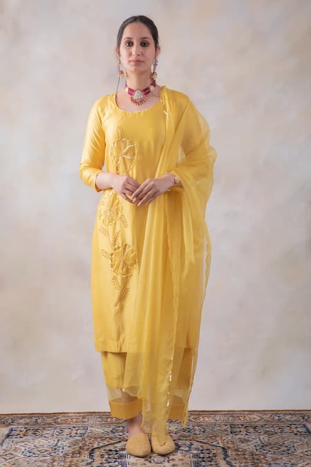 BAIDEHI Yellow Chanderi Silk, Organza Sequins, Cut Work, Beads Embroidered Kurta Set 