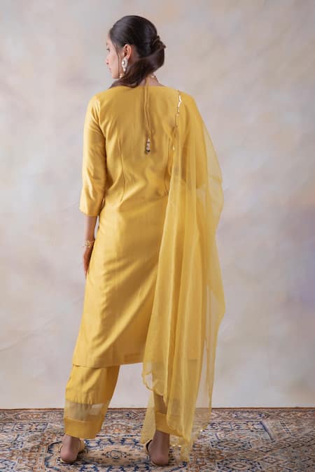 Shop BAIDEHI Yellow Chanderi Silk, Organza Sequins, Cut Work, Beads Embroidered Kurta Set at Aza Fashions Shop_BAIDEHI_Yellow Chanderi Silk, Organza Sequins, Cut Work, Beads Embroidered Kurta Set _at_Aza_Fashions