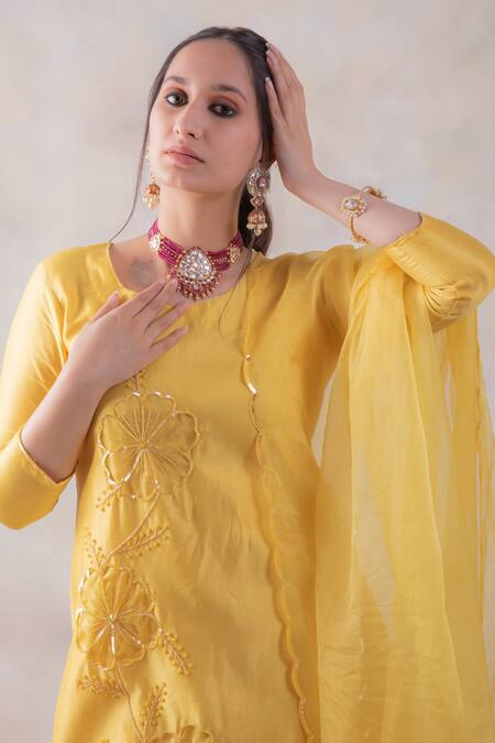 Shop BAIDEHI Yellow Chanderi Silk, Organza Sequins, Cut Work, Beads Embroidered Kurta Set Online at Aza Fashions Shop_BAIDEHI_Yellow Chanderi Silk, Organza Sequins, Cut Work, Beads Embroidered Kurta Set _Online_at_Aza_Fashions
