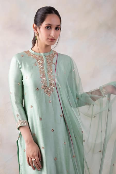 Baidehi_Green Net, Georgette, Bamboo Gota Patti, Hand Straight Kurta Sharara Set _Online_at_Aza_Fashions
