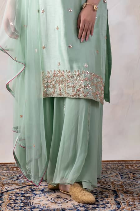 Buy_Baidehi_Green Net, Georgette, Bamboo Gota Patti, Hand Straight Kurta Sharara Set _Online_at_Aza_Fashions