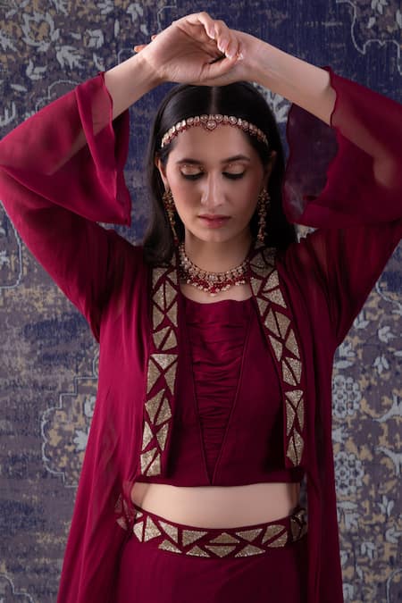 BAIDEHI_Wine Georgette Embroidery Open Neck Cut Dana Prism Cape Lehenga Set _Online_at_Aza_Fashions