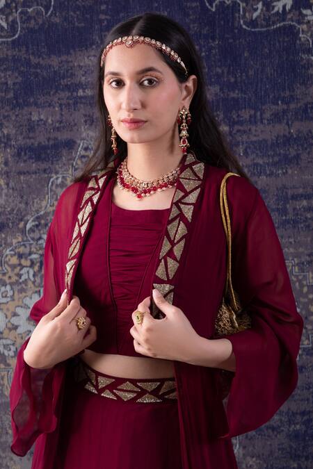Buy_BAIDEHI_Wine Georgette Embroidery Open Neck Cut Dana Prism Cape Lehenga Set _Online_at_Aza_Fashions